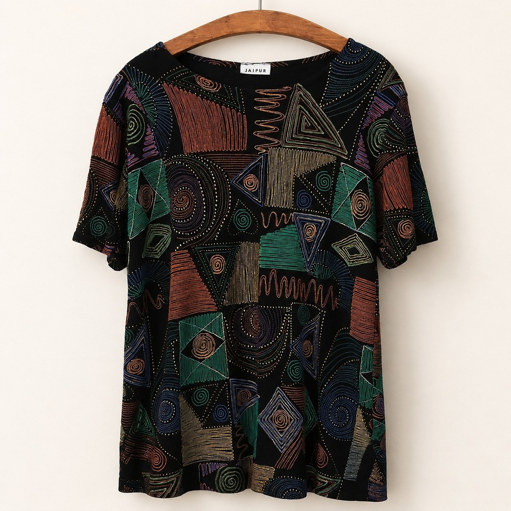 VTG Jaipur Top Size‎ L BLack Stretch Tunic Abstract  Art to Wear Eclectic Tribal